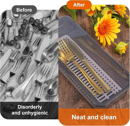 4 PCS Flatware Tray with Lid and Drainer, Silverware Tray with Lid, Plastic Utensil Drawer Organizer, Clear Grey Cutlery Storage Container for Kitchen Home Travel