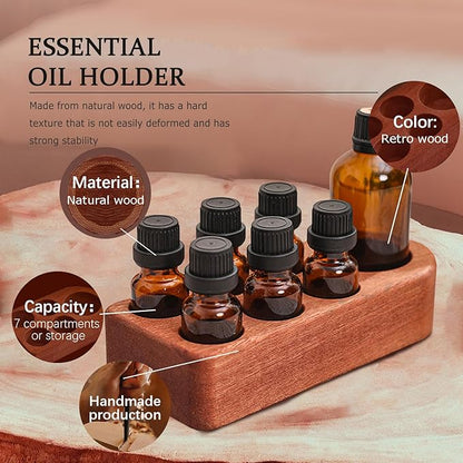 Wooden Essential Oil Holder with 7 Holes (4cmx6 & 6cmx1), Retro Desktop Display Rack for Bathroom Vanity Desk Organizer