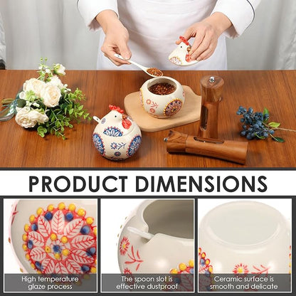 3 Pack Ceramic Salt Cellar with Lid and Spoon, 13.5oz Salt Container Kitchen Countertop Salt Holder Spice Jar for Sugar, Pepper, Seasonings