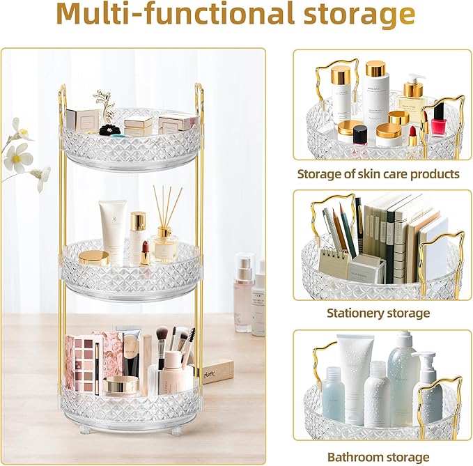 360 Rotating Makeup Organizer for Vanity, Adjustable Perfume Organizer for Dresser, Multi-Function Spinning Cosmetics Skincare Storage for Bedroom, Dresser, Countertop, Clear
