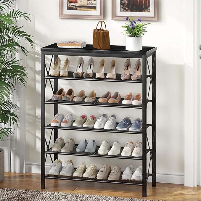 Shoe Rack for Entryway, 6 Tier Shoe Organizer with Mesh Shelves, Metal Shoe Storage for Closet Garage, Black