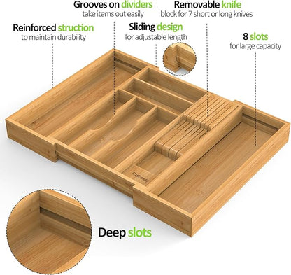 Bamboo Kitchen Drawer Organizer, Expandable Silverware Organizer with Removable Knife Block, 6-8 Slots- Utensil Holder & Cutlery Tray Drawer Dividers, 2.36" Deep for Extra Capacity, Natural