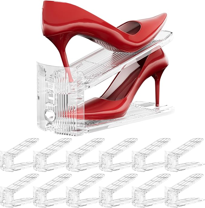Neprock Shoe Slots Organizer for Closet,12 Pack Acrylic Shoe Stackers for A Pair of Shoes,3 Levels Adjustable Shoe rack storage Shoe Space Saver 50% (Clear,12 Pack)
