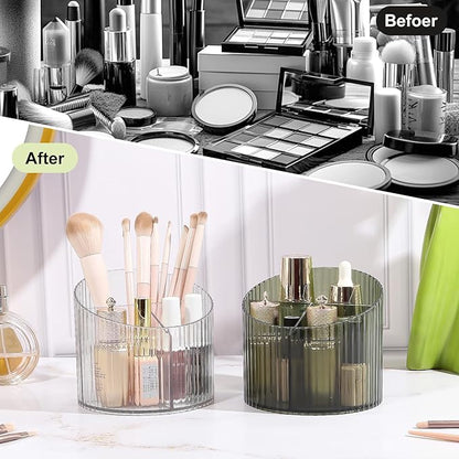 DASITON 3 Slots Makeup Brush Holder, Acrylic Makeup Brush Cup, Vintage Striped Make Up Brush Holder for Vanity Decor, Bathroom Countertops, Desk Storage Container, Cosmetic Display Cases (Green)