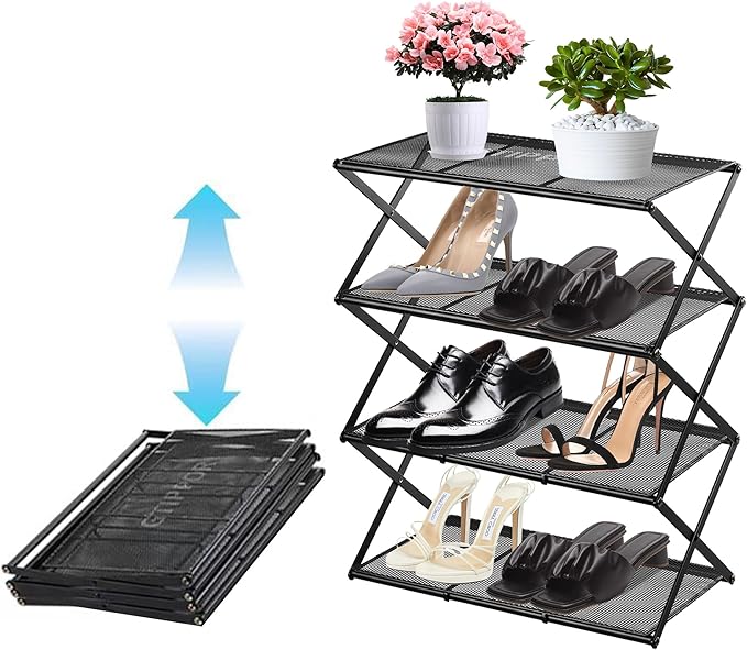 Shoe Rack for Entryway 4 Tier Foldable Shoe Rack Without Assembly Collapsible Metal Shoe Organizer Folding Shoe Storage Rack for Door, Living Room, Black