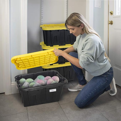 CX BLACK & YELLOW 12-Gallon Heavy Duty Storage Bins with Lids, Stackable Plastic Storage Bins with Weather-Resistant Design, Home Organization, 4 Pack (12.51H x 16.3W x 21.8D)