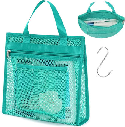 F-color Mesh Shower Caddy Portable Hanging - 3 Pockets Small Shower Bag Tote for Camping, Gym, Travel, Toiletry, Quick Dry Bathroom Essentials with S Hook, Mint Green