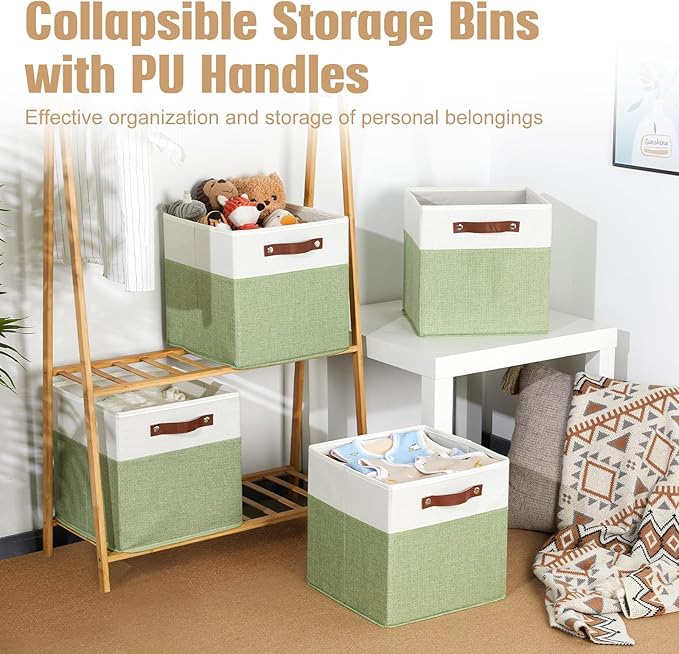 DULLEMELO Fabric Storage Cubes, 12x12 Storage Cube Bins for Organizing, Foldable Storage Baskets Square Cloth Bins for Cube Storage, Cube Organizer for Storage,White&Green