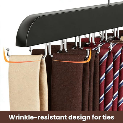 Tie Rack Hanger with 20 Foldable Metal Hooks, Space Saving Necktie Organizer for Men, Large Capacity, Wooden, Black