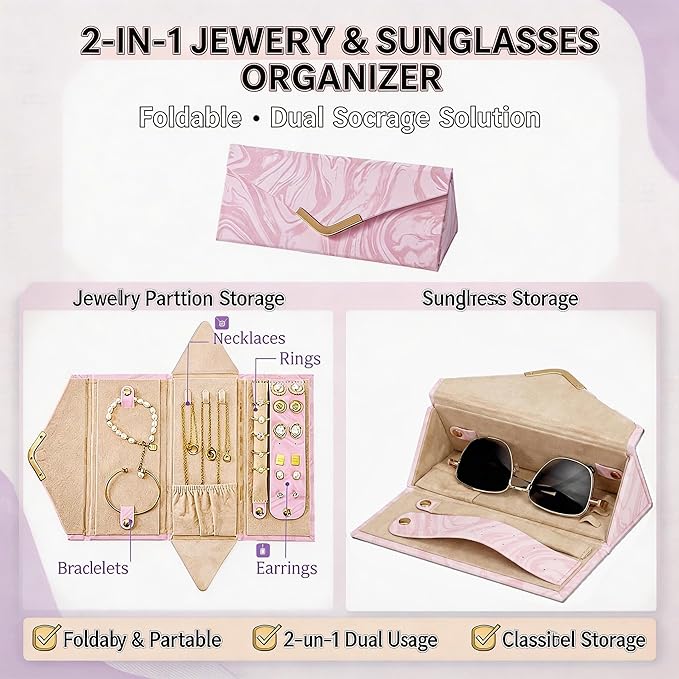 2-in-1 Travel Jewelry and Glasses Organizer, Foldable Case for Necklaces, Earrings, Rings, Bracelets, Pink Marble (Pink)