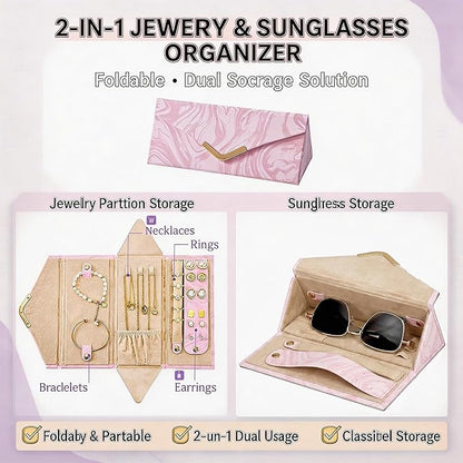 2-in-1 Travel Jewelry and Glasses Organizer, Foldable Case for Necklaces, Earrings, Rings, Bracelets, Pink Marble (Pink)