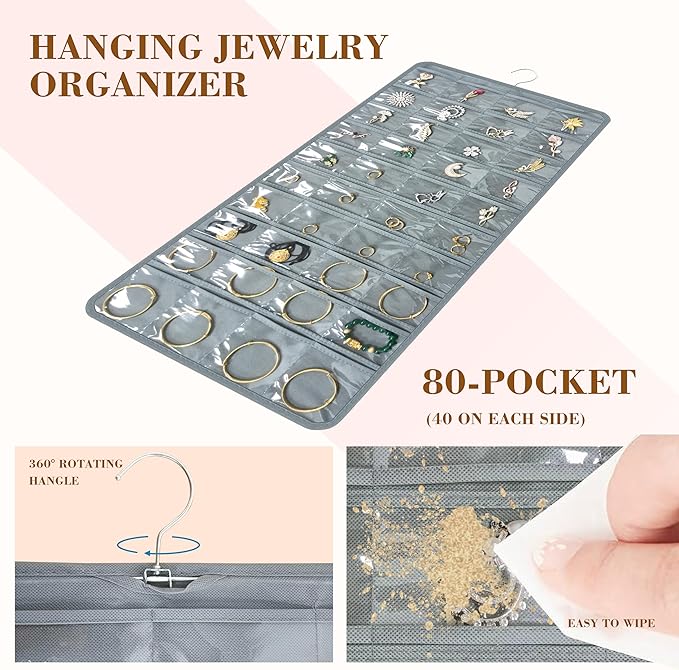 Hanging Jewelry Organizer for Closet Wall Door Double-Sided Jewelry Holder for Earrings, Necklaces, Rings 1 Pcs (Grey)