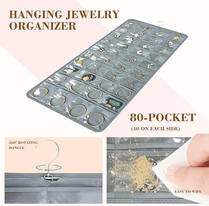 Hanging Jewelry Organizer for Closet Wall Door Double-Sided Jewelry Holder for Earrings, Necklaces, Rings 1 Pcs (Grey)