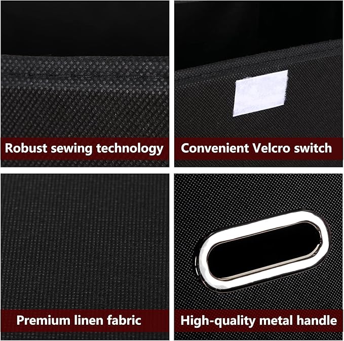 STOREONE Fabric Storage Cube Bins Foldable Organizer Container Collapsible Basket with Lids and Metal Handles, for Home, Bedroom, Closet (Black, 3 Pcs)