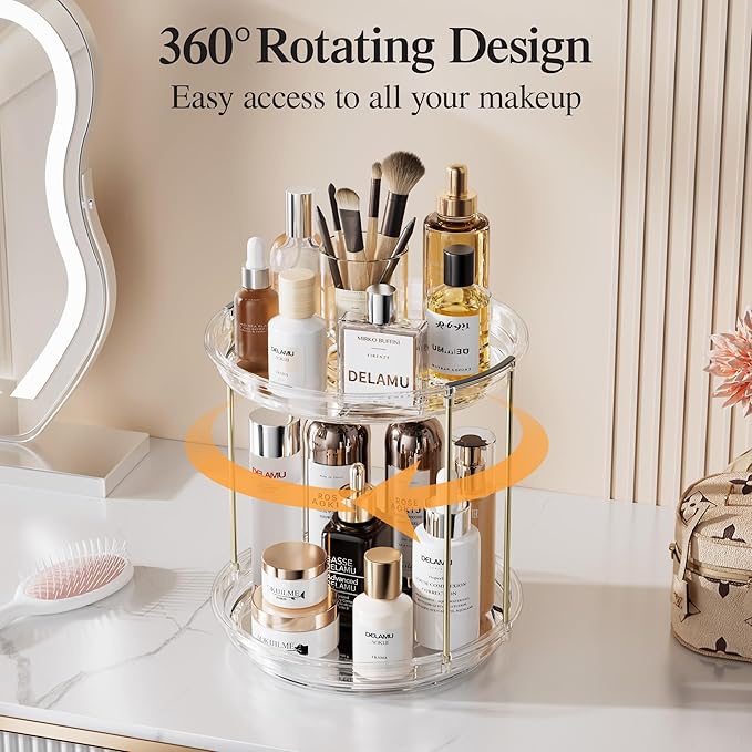 Delamu Rotating Makeup Organizer for Vanity, 2 Tier Bathroom Counter Organizer with Stackable Design, Spinning Skincare Organizer for Bathroom Countertop, Perfume Cosmetic Storage, Clear