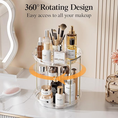 Delamu Rotating Makeup Organizer for Vanity, 2 Tier Bathroom Counter Organizer with Stackable Design, Spinning Skincare Organizer for Bathroom Countertop, Perfume Cosmetic Storage, Clear