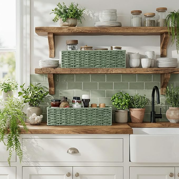 StorageWorks Sage Green Paper Rope Bathroom Basket Organizer and Storage for Tank Topper, Wicker Toilet Paper Basket for Back of Toilet Baskets, Small Narrow Tank Trays for Bathroom Decor, 2 Pack