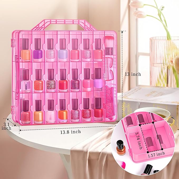 DreamGenius Nail Polish Organizer Case for 48 Bottles with 2 Nail Separators, Double Side Gel Nail Polish Holder with Adjustable Dividers, Pink