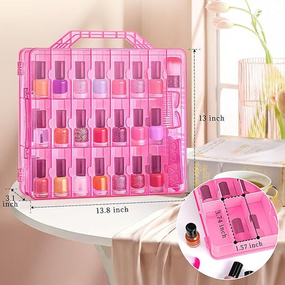 DreamGenius Nail Polish Organizer Case for 48 Bottles with 2 Nail Separators, Double Side Gel Nail Polish Holder with Adjustable Dividers, Pink