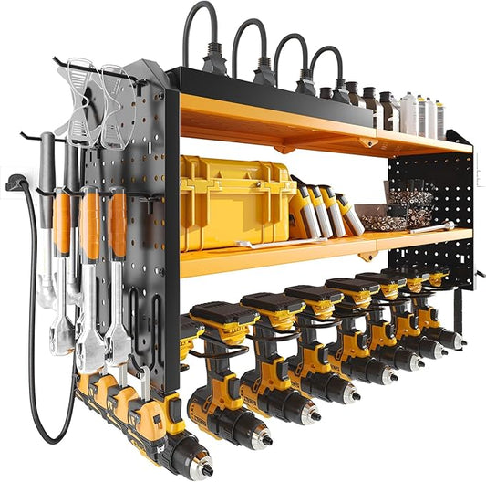 Warome Tool Organizer with Charging Station, Power Tool Rack Wall Mount with 8-Outlet Power Strip, Tool Storage for Garage with 8 Cordless Drill Holders, Battery Utility Shelf in Yellow