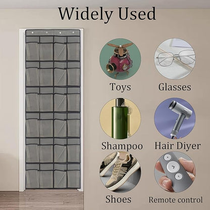 Gray Over Door Shoe Organizer, 24 Large Pockets Hanging Storage for Closet Organization, Space Saving Shoe Rack and Accessory Holder