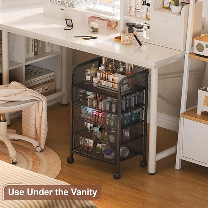 Hongtamoya Makeup Cart Organizer with 4 Drawers, Vanity Storage Organizer, Large Floor Skincare Organizers Cosmetics Display Cases for Skin Care Perfume Nail Polish, Black