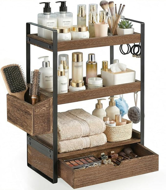 3-Tier Bathroom Counter Organizer with Drawer Basket and Hooks, Wood Bathroom Organizers and Storage for Countertop, Farmhouse Dark Brown Countertop Organizer, Counter Shelf for Vanity, Kitchen,Office