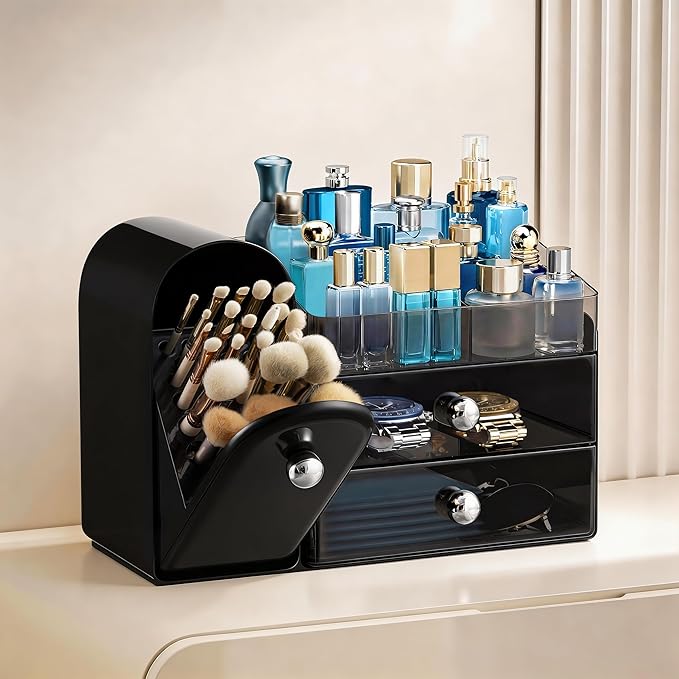 HBlife Makeup Organizer Countertop with Drawers, Vanity Organizers with Brush Holder, Bathroom Counter Organizer for Perfume, Nail Polishes, Lipsticks, Skincare and Eyeshadow Palettes, Black Silver