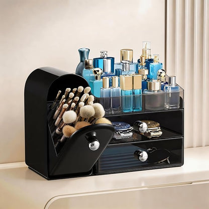 HBlife Makeup Organizer Countertop with Drawers, Vanity Organizers with Brush Holder, Bathroom Counter Organizer for Perfume, Nail Polishes, Lipsticks, Skincare and Eyeshadow Palettes, Black Silver