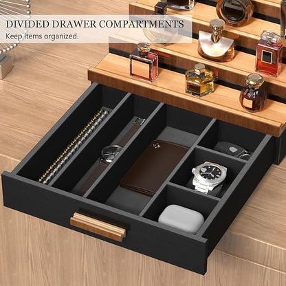 Wooden Cologne Organizer for Men 4 Tier of Perfume Display Holder of Drawer & 2 Hidden Compartments Larger Storage Space Mens Perfume Organizer Shelf Stand,Gift for Man (4T-Black Walnut)