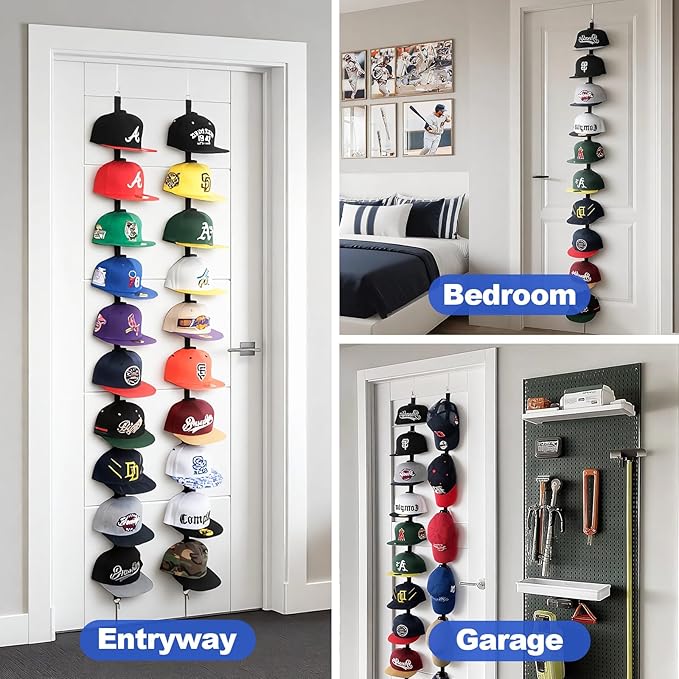 Aoodaily Hat Rack for Door - Two-Way Hanging Caps with Display Hooks and Hanger, Hat Organizer for Baseball Caps, Over the Door Hat Storage Organizer for Bedroom, Entrance or Garage Doors - 2 Packs