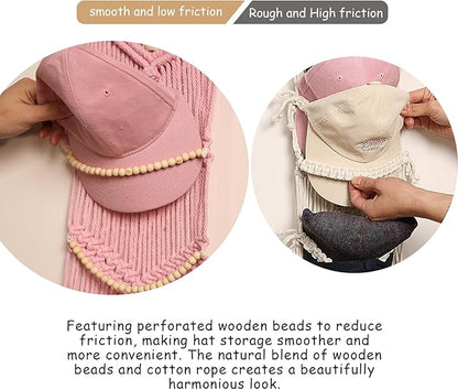 Ball Cap Hanger-1 Pack-Boho Macrame Cap Holder Wall Hat Organizer for Baseball Cap Holder Over Door, Hat Rack for Wall, Cap Rack for Decoration and Display(Pink)