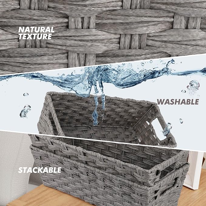 Wicker Storage Baskets for Bathroom, Toilet Tank, Decor - Woven Grey Baskets, 15¾" x 6¾" x 4¾", 2-Pack