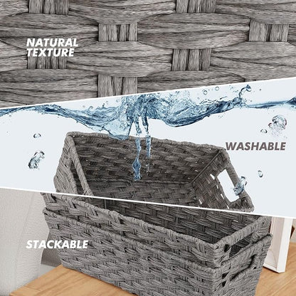 Wicker Storage Baskets for Bathroom, Toilet Tank, Decor - Woven Grey Baskets, 15¾" x 6¾" x 4¾", 2-Pack