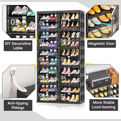 JEKO&JEKO 10 Tiers Foldable Shoe Rack Organizer Cabinet for Closet Entryway, Large Collapsible Shoe Storage Box with Magnetic Doors (Black)