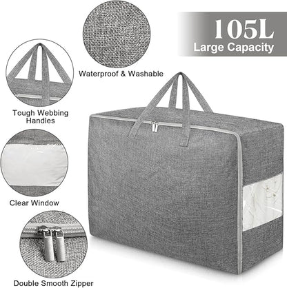 105L Extra Large Storage Bags, Folding Moving Comforter Blanket Storage Bags Closet Organizers and Storage Containers for Clothes with Strong Handles&Zippers Clear Window for Bedding Pillow Grey 3Pack
