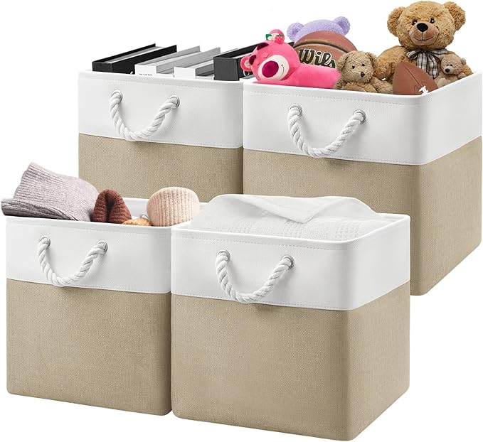 Patvingot 13x13x13 Cube Storage Bins,4 Pack Large Foldable Fabric Storage Cubes with Handles for Organizing Home, Closet, Shelf, Office(White&Khaki)