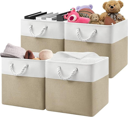 Patvingot 13x13x13 Cube Storage Bins,4 Pack Large Foldable Fabric Storage Cubes with Handles for Organizing Home, Closet, Shelf, Office(White&Khaki)