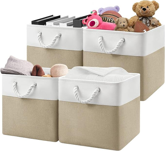 Patvingot 13x13x13 Cube Storage Bins,4 Pack Large Foldable Fabric Storage Cubes with Handles for Organizing Home, Closet, Shelf, Office(White&Khaki)