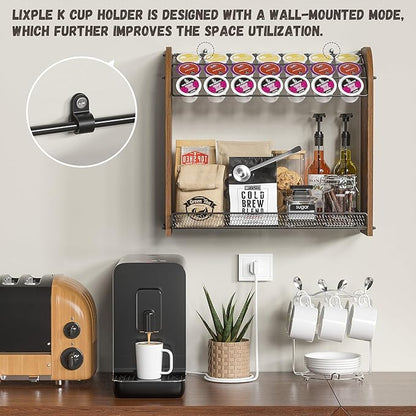 Lixple K Cup Holder - 2-Tier K Cup Organizer, Metal Coffee Pod Holder for Counter, Easy Assembly (Rustic Brown)
