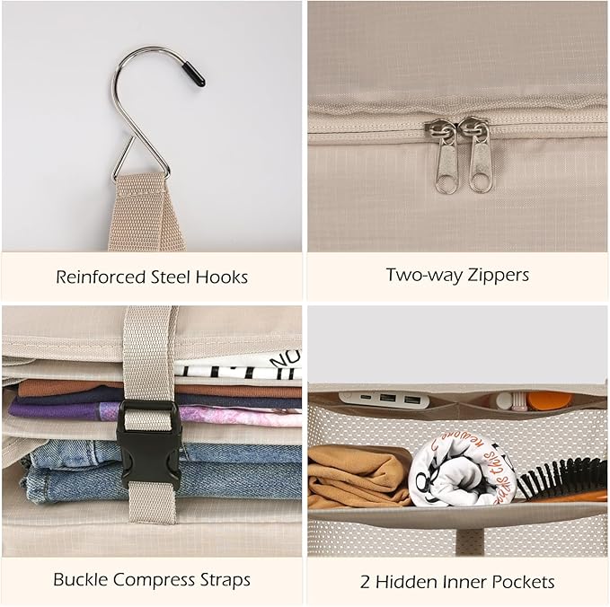 Surblue Hanging Closet Storage Bag Collapsible 3-Shelf Washable Oxford Fabric with 2 Hooks (L 11.41 * 11.41 * 19.68in, Beige)