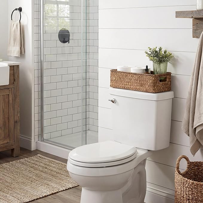 StorageWorks Wicker Toilet Paper Basket for Back of Toilet Baskets, Seagrass Bathroom Basket Organizer and Storage for Tank Topper, Small Tank Trays for Decor with Built-in Handles, Brown