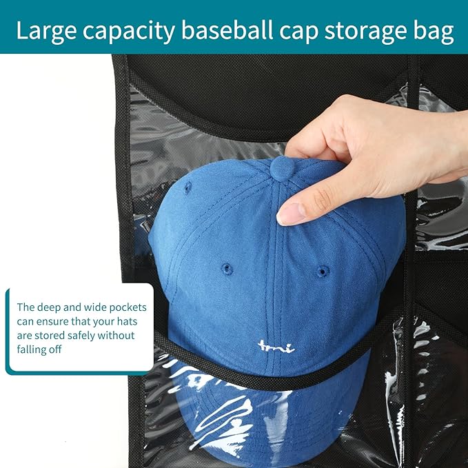 Fixwal Hat Organizer for Baseball Caps, 27 Pocket Over The Door Hat Rack for Storage Closet Wall, Cap Holder Hanger with Large Clear Pockets & 3 Hooks, Hat Storage to Protect and Display, Black