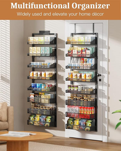POKIPO 8-Tier Over the Door Pantry Organizer, Large Metal Door Spice Rack with Adjustable Basket, 2 in 1 Wall Mount or Hanging Heavy-Duty Pantry Door Storage Shelf for Kitchen and Bathroom, Black
