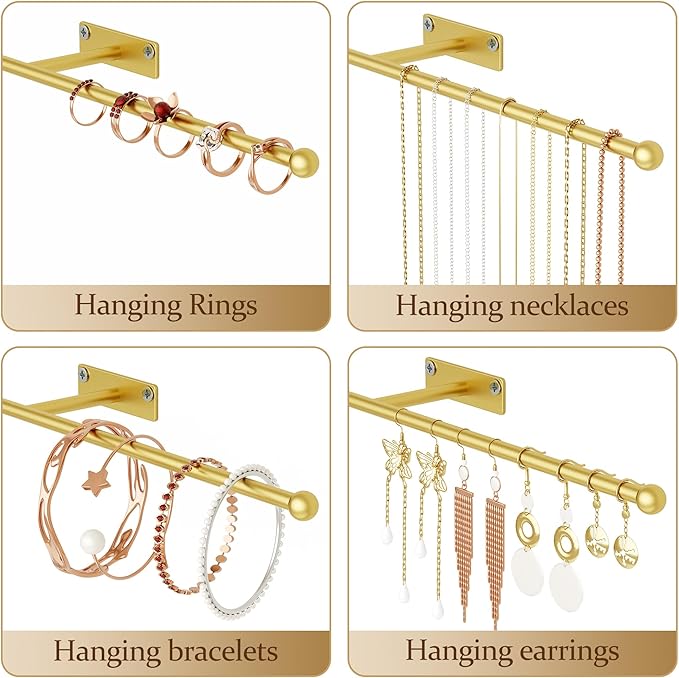 Wall Hanging Jewelry Organizer: 12.6'' Necklace Holder for Earring, Bracelet, Rings, Hairband, Glasses, Gold 2-Pack, Screws Included