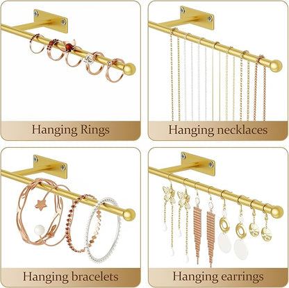 Wall Hanging Jewelry Organizer: 12.6'' Necklace Holder for Earring, Bracelet, Rings, Hairband, Glasses, Gold 2-Pack, Screws Included