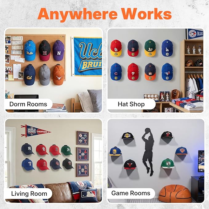 HOUSE DAY Adhesive Hat Hooks for Wall 16 Pack, Strong Hat Rack for Baseball Cap Display Organizer, Hats Holder for Wall, Door, Closet, No Drilling, Black