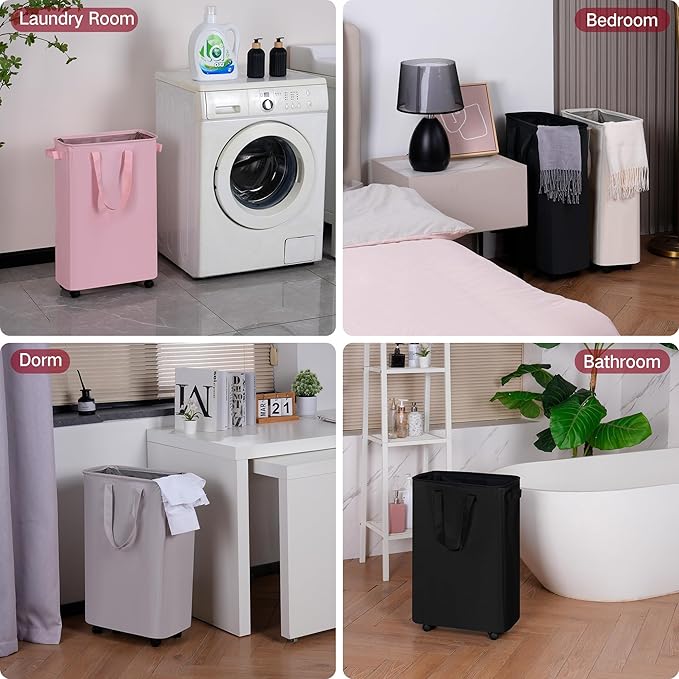 efluky Slim Laundry Hamper with Wheels, Rolling Laundry Basket for Clothes, Small Laundry Basket for Bedroom, Dorm and Laundry Room, 60L (12.7 Gallons) Pink