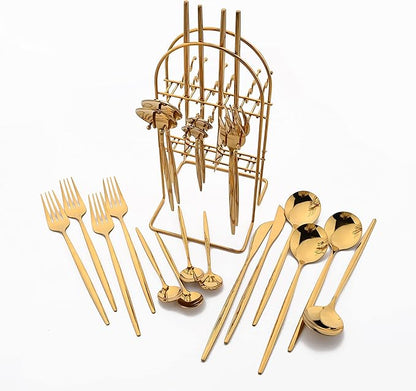 24 Piece Hanging Flatware Set, Stainless Steel Family Kitchen Utensil Set with Rack, Cutlery set for 6 with Holder, Silverware Sets with Holder, Hanging flatware set, Mirror Polished(Gold)