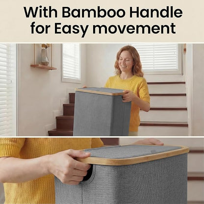 efluky Slim Laundry Basket with Lid, Narrow Laundry Hamper with Removable Bag, Skinny Dirty Clothes Basket with Bamboo Handles for Bathroom, Bedroom & Laundry Room, 65L Grey